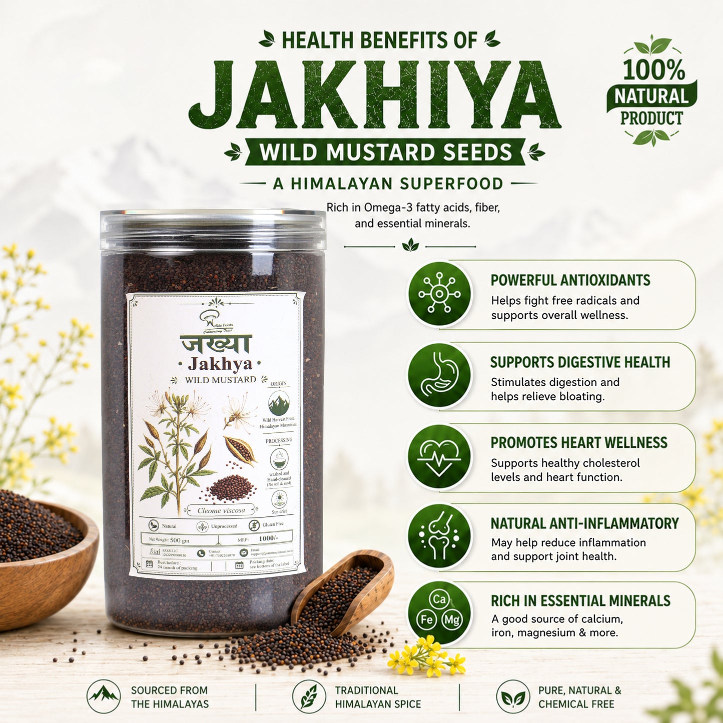 Jakhiya Wild Mustard 500 gm (Himalayan Harvest, Hand Cleaned, Gluten Free, Unprocessed, Cleome Viscosa)
